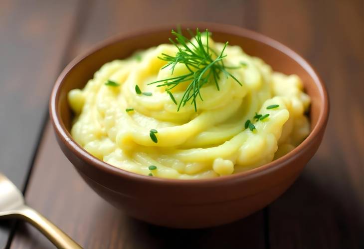 Rustic Mashed Potatoes with Dill in an Artisan Clay Bowl